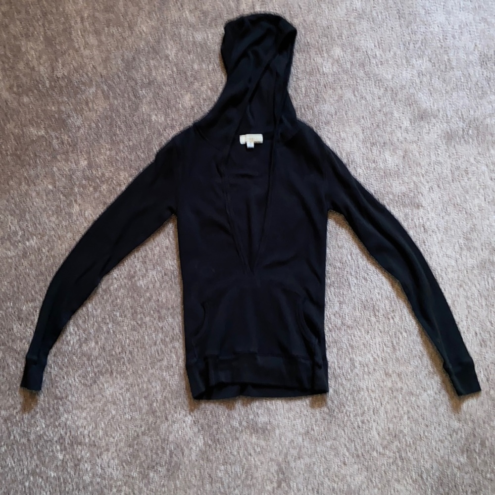 Black deep v-neck hooded Henley long sleeved shirt